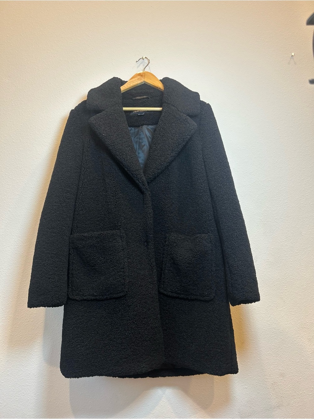 French Connection Black Teddy Coat Patch Pockets Classy Business Office Trench